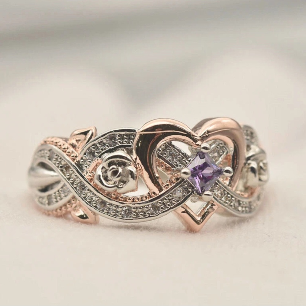 Elegant Silver and Rose Gold Heart Ring with Purple Gemstone size 9